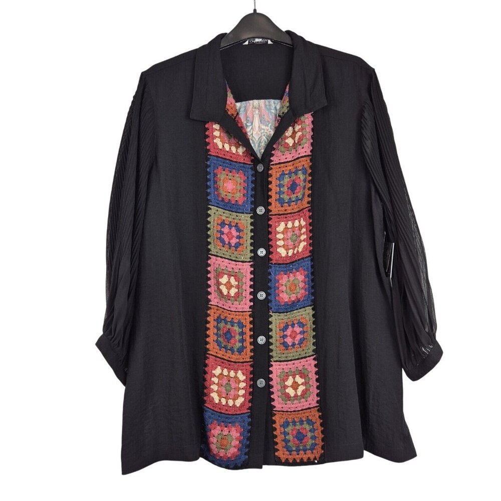 John Mark Womens M Black Button-Up Crochet Patchwork Tunic Blouse - Picture 12 of 14
